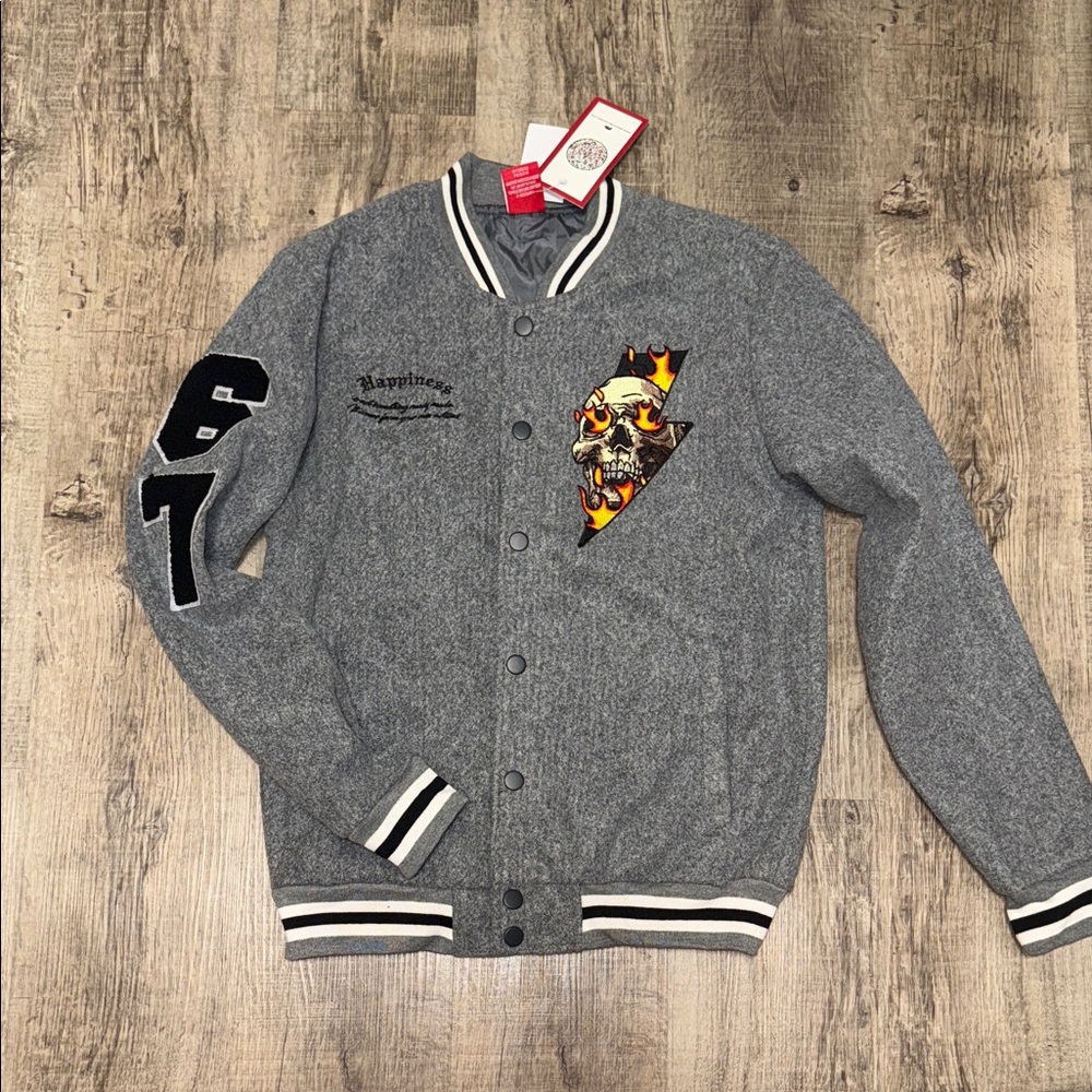 Ring of Fire Gray Bomber Jacket with Skull Patch
